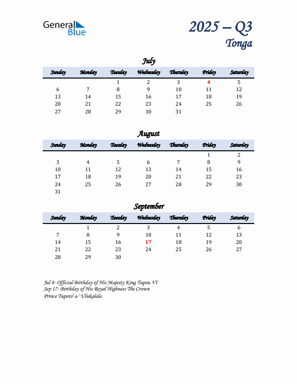 July, August, and September Calendar for Tonga with Sunday Start