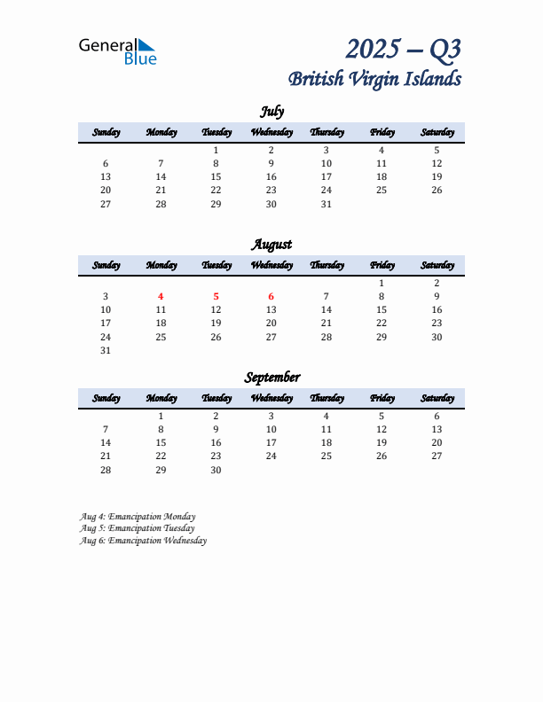 July, August, and September Calendar for British Virgin Islands with Sunday Start