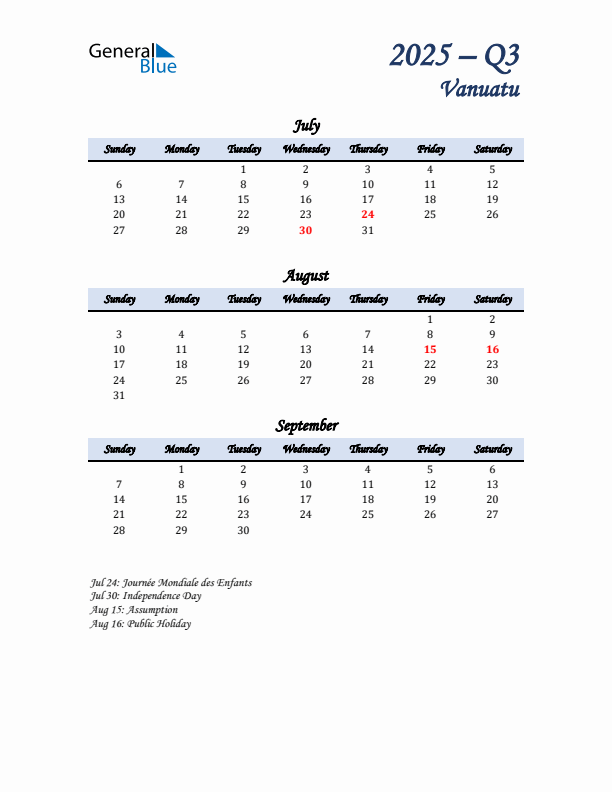 July, August, and September Calendar for Vanuatu with Sunday Start