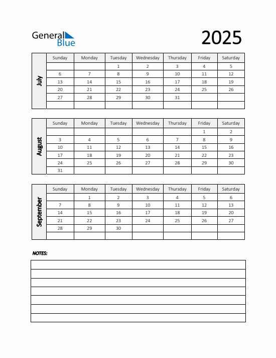 Quarter 3 2025 calendar template