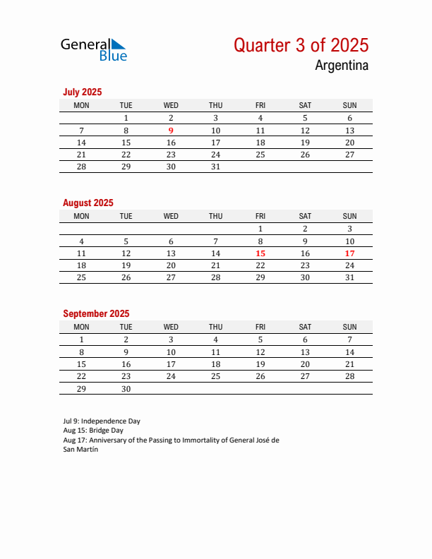 Printable Three Month Calendar with Argentina Holidays