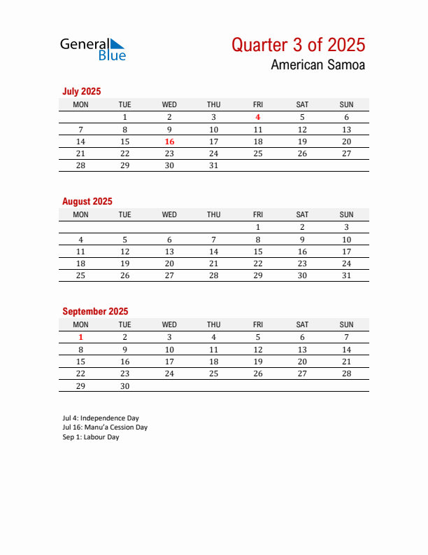 Printable Three Month Calendar with American Samoa Holidays