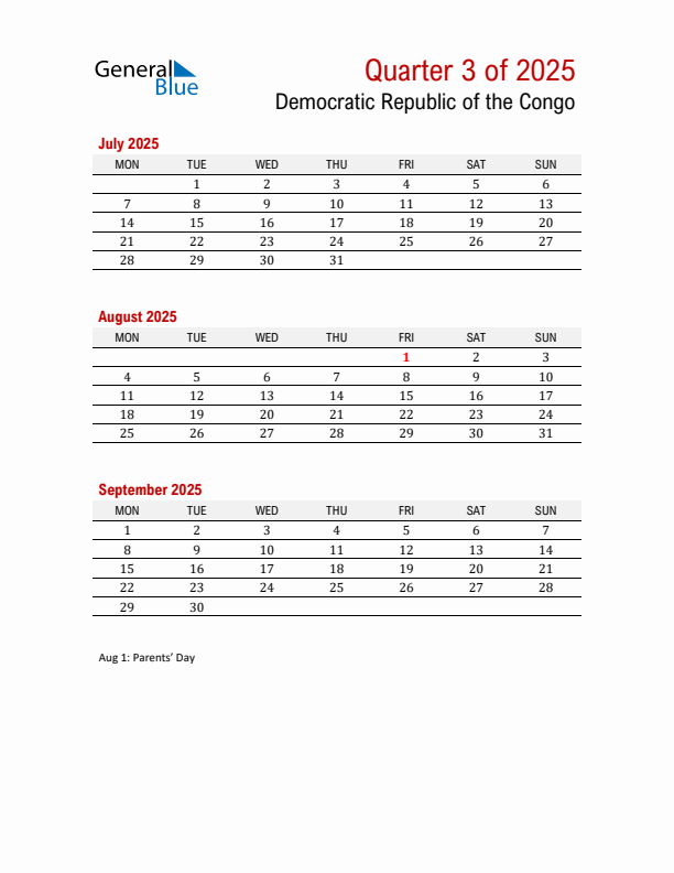 Printable Three Month Calendar with Democratic Republic of the Congo Holidays