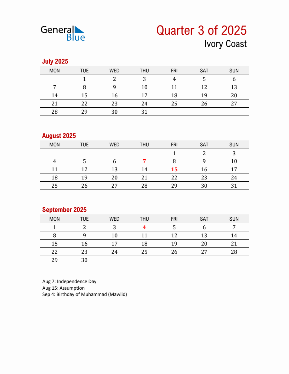 Printable Three Month Calendar with Ivory Coast Holidays (Q3 2025 ...