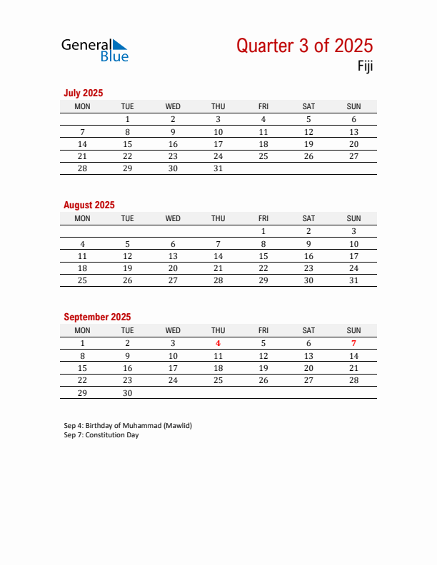 Printable Three Month Calendar with Fiji Holidays