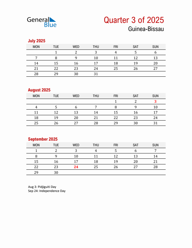 Printable Three Month Calendar with Guinea-Bissau Holidays
