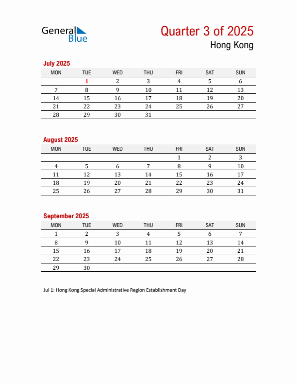 Printable Three Month Calendar with Hong Kong Holidays