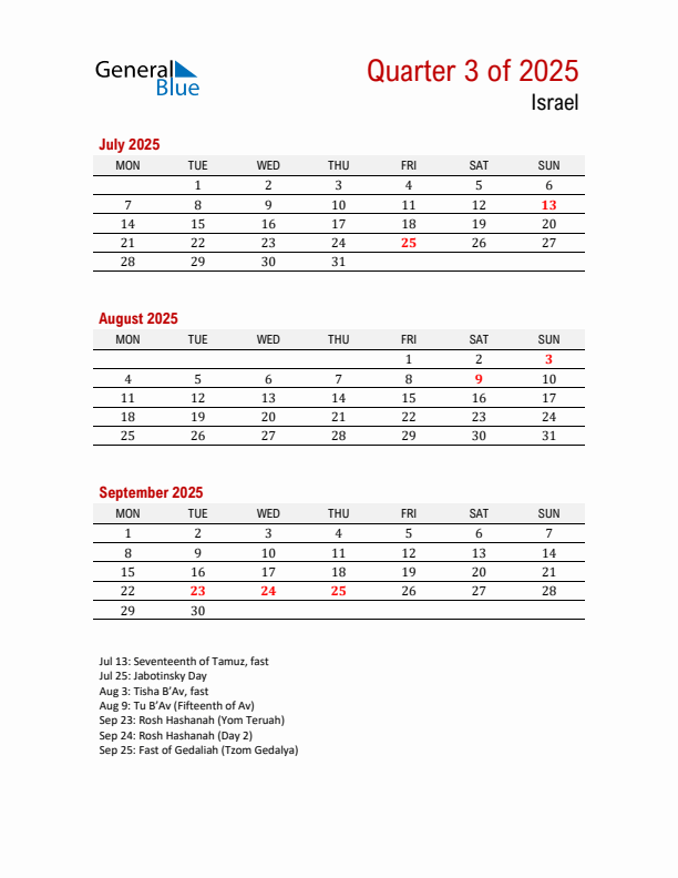Printable Three Month Calendar with Israel Holidays