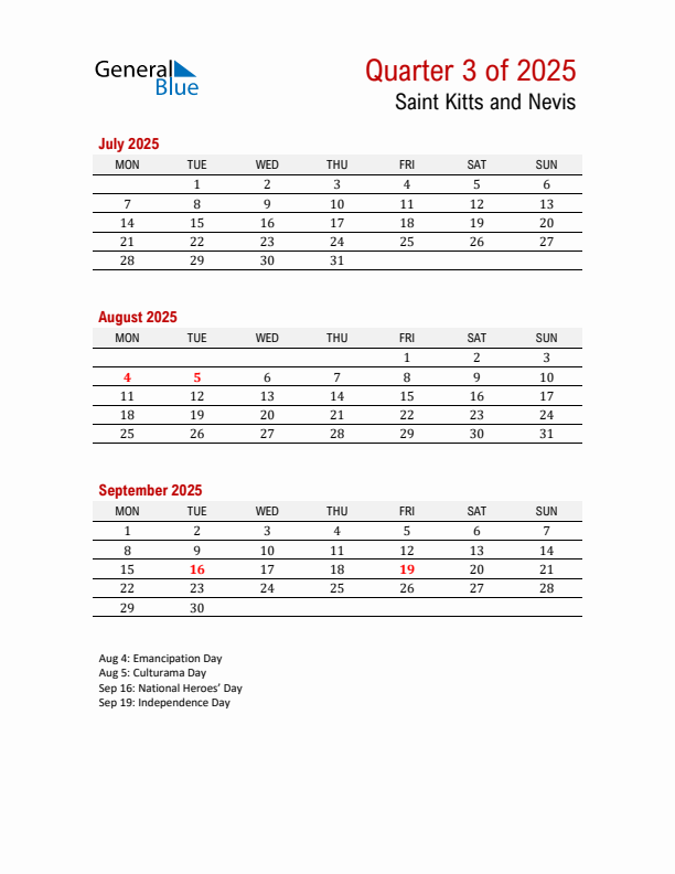 Printable Three Month Calendar with Saint Kitts and Nevis Holidays