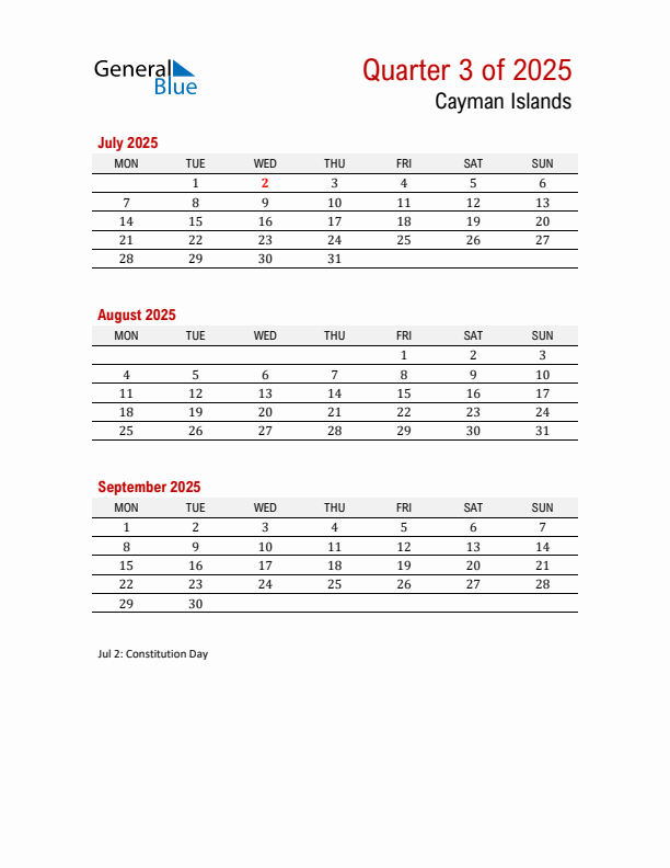 Printable Three Month Calendar with Cayman Islands Holidays