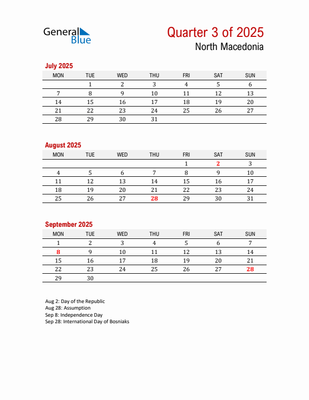 Printable Three Month Calendar with North Macedonia Holidays