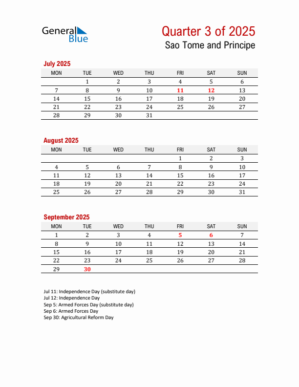 Printable Three Month Calendar with Sao Tome and Principe Holidays
