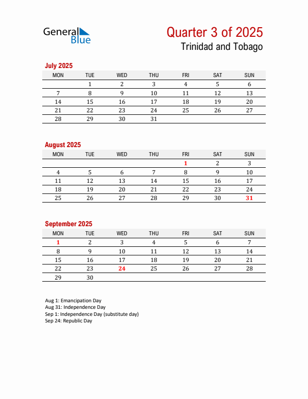 Printable Three Month Calendar with Trinidad and Tobago Holidays