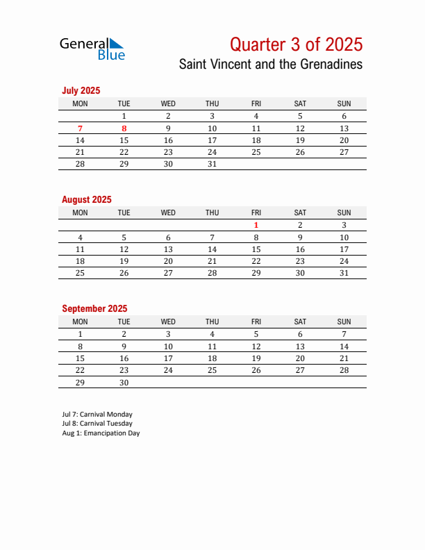 Printable Three Month Calendar with Saint Vincent and the Grenadines Holidays