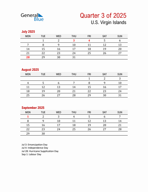 Printable Three Month Calendar with U.S. Virgin Islands Holidays