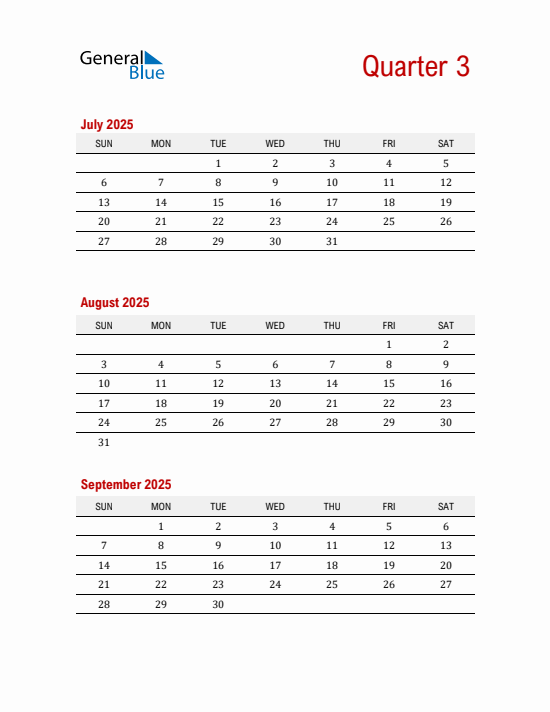 Quarter 3 2025 calendar template
