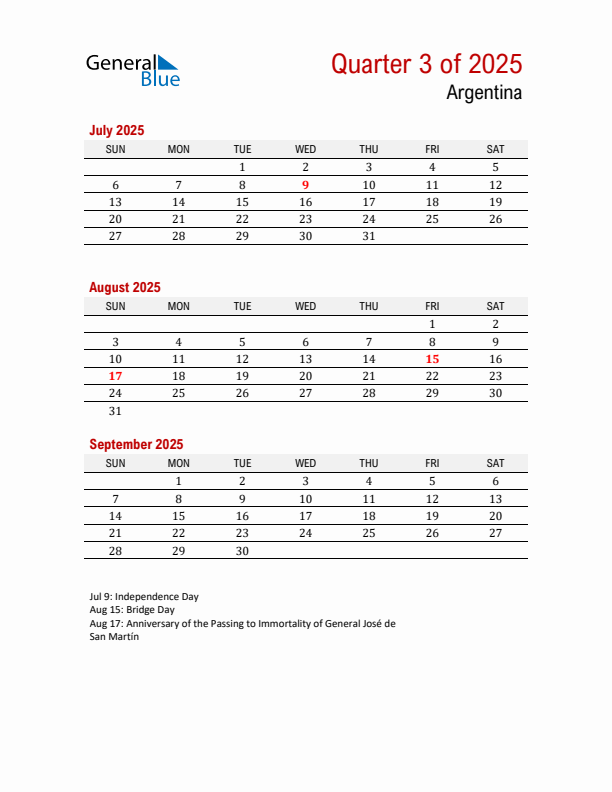 Printable Three Month Calendar with Argentina Holidays