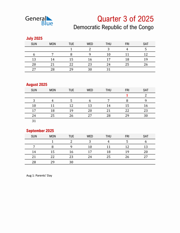 Printable Three Month Calendar with Democratic Republic of the Congo Holidays