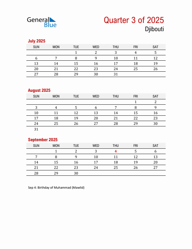 Printable Three Month Calendar with Djibouti Holidays