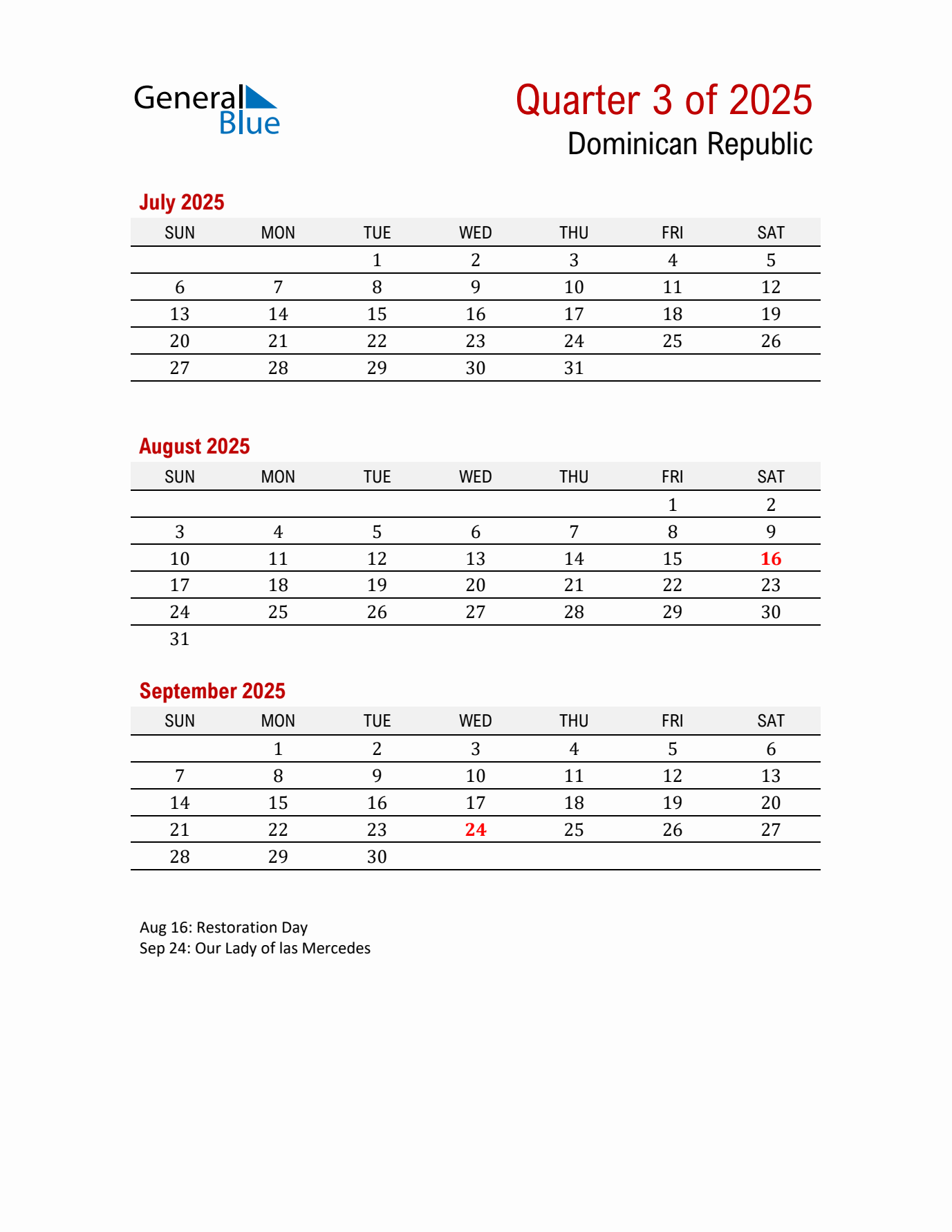 Printable Three Month Calendar with Dominican Republic Holidays