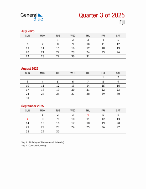 Printable Three Month Calendar with Fiji Holidays