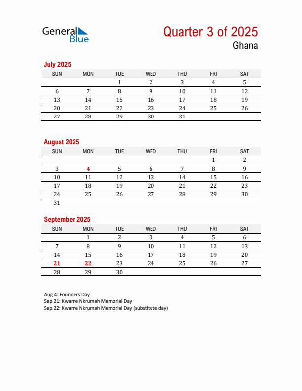 Printable Three Month Calendar with Ghana Holidays
