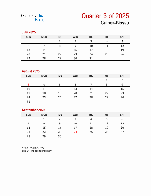 Printable Three Month Calendar with Guinea-Bissau Holidays