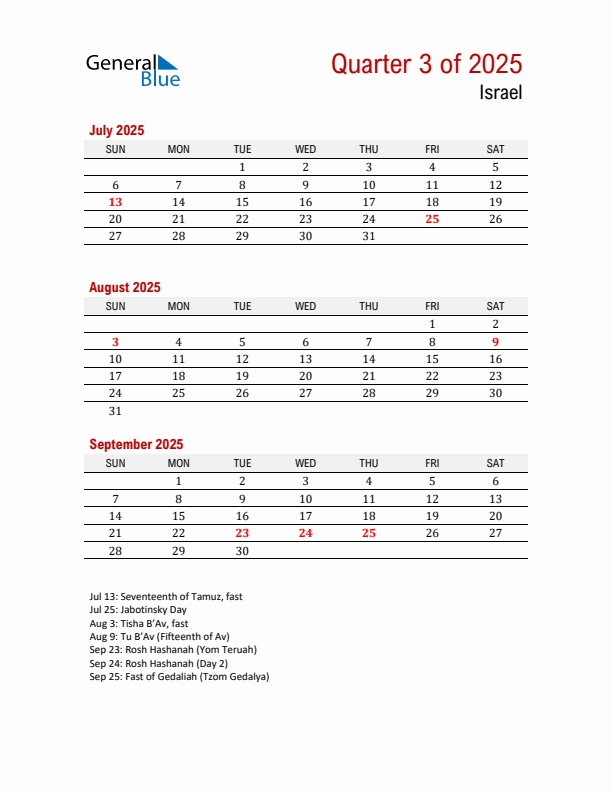 Printable Three Month Calendar with Israel Holidays
