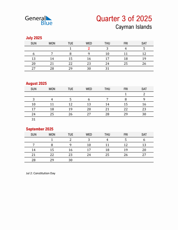 Printable Three Month Calendar with Cayman Islands Holidays