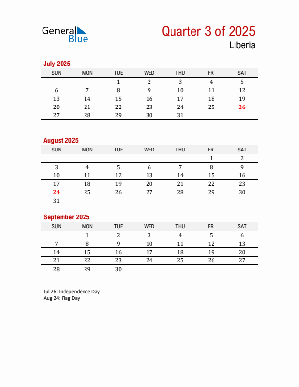 Printable Three Month Calendar with Liberia Holidays