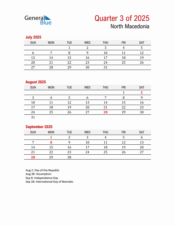Printable Three Month Calendar with North Macedonia Holidays
