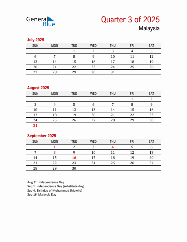 Printable Three Month Calendar with Malaysia Holidays