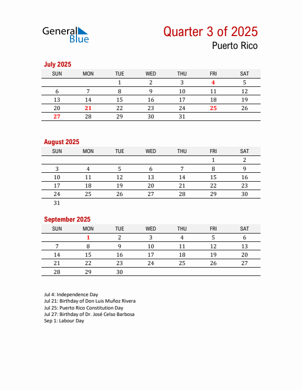 Printable Three Month Calendar with Puerto Rico Holidays
