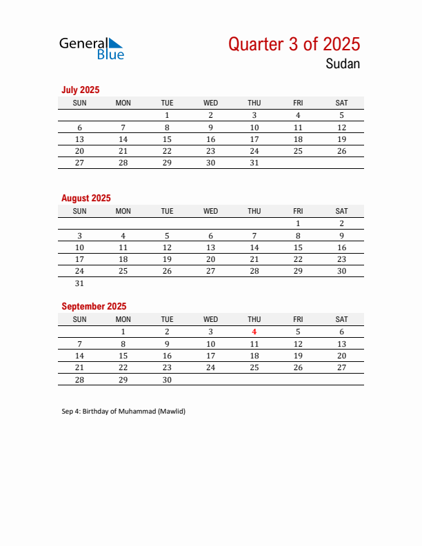 Printable Three Month Calendar with Sudan Holidays