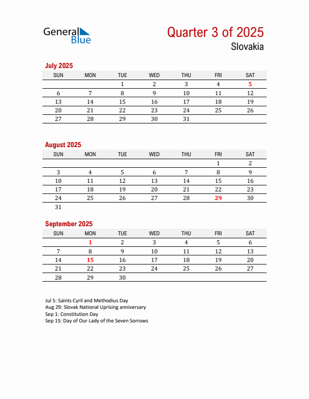 Printable Three Month Calendar with Slovakia Holidays