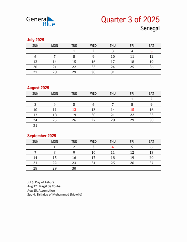 Printable Three Month Calendar with Senegal Holidays