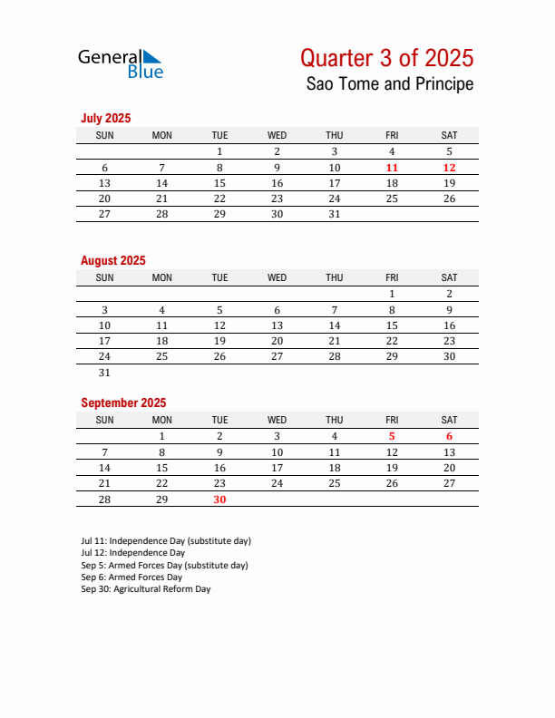 Printable Three Month Calendar with Sao Tome and Principe Holidays