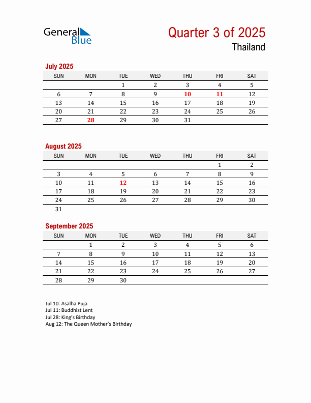 Printable Three Month Calendar with Thailand Holidays