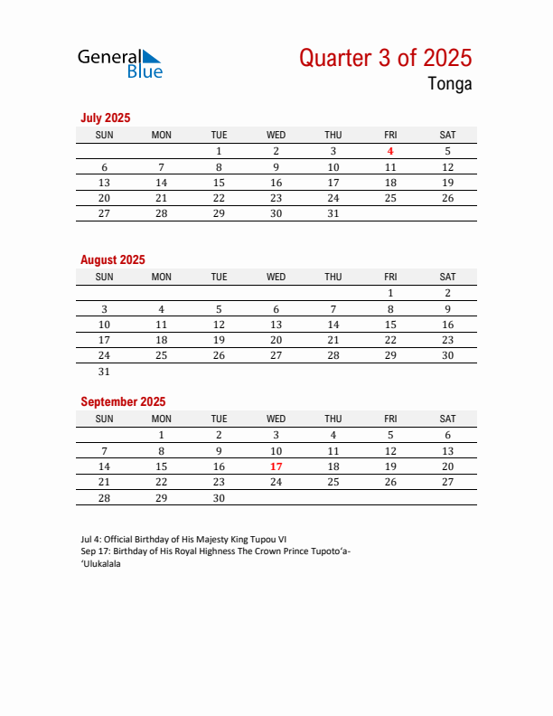 Printable Three Month Calendar with Tonga Holidays