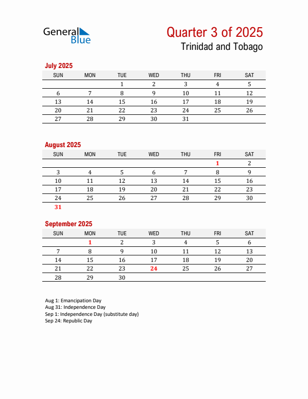 Printable Three Month Calendar with Trinidad and Tobago Holidays