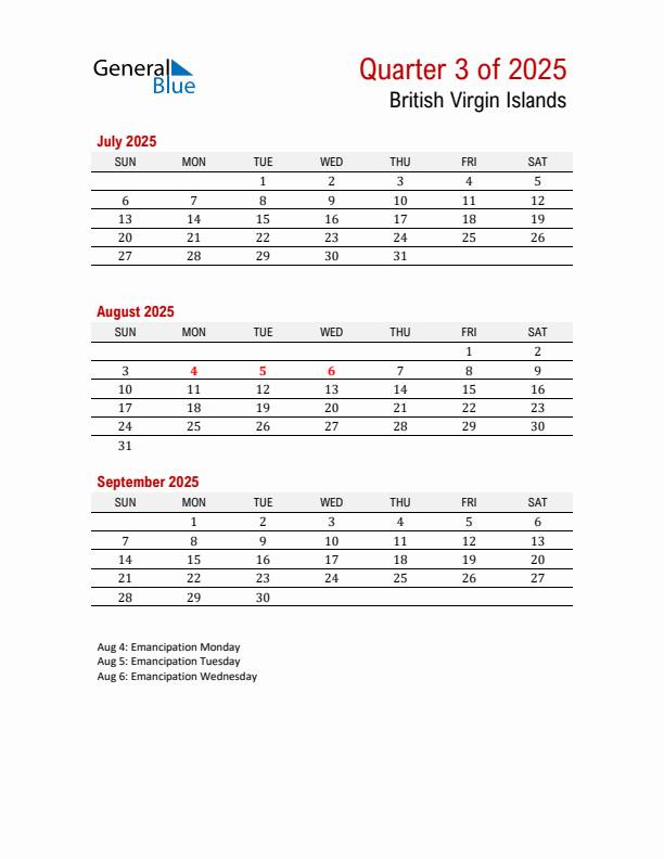 Printable Three Month Calendar with British Virgin Islands Holidays