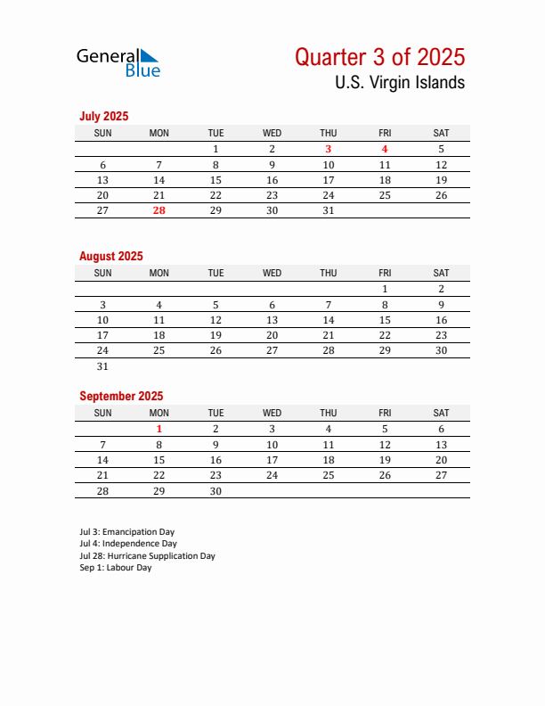 Printable Three Month Calendar with U.S. Virgin Islands Holidays