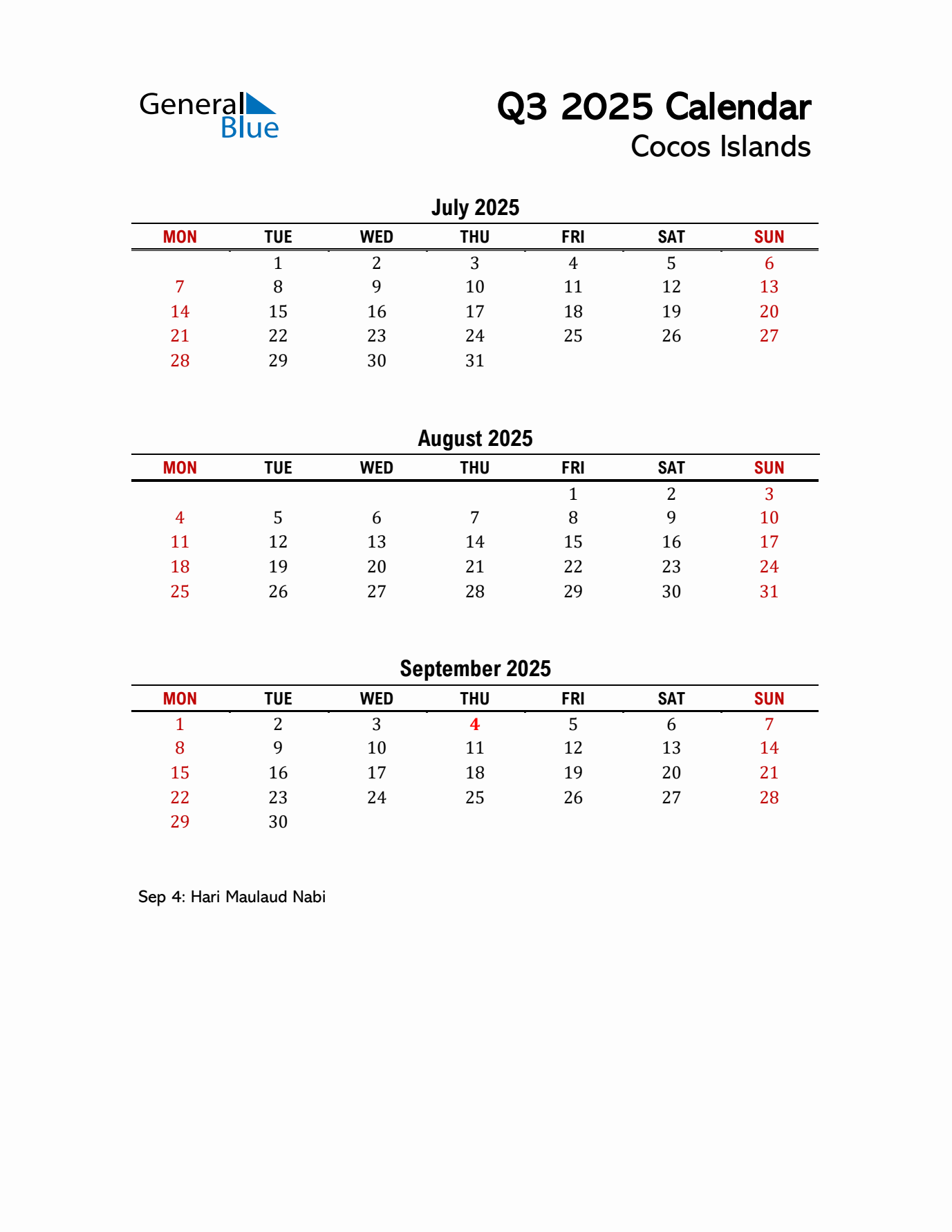 2025 Q3 Calendar with Holidays List for Cocos Islands