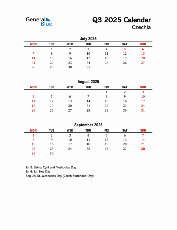 2025 Q3 Calendar with Holidays List for Czechia