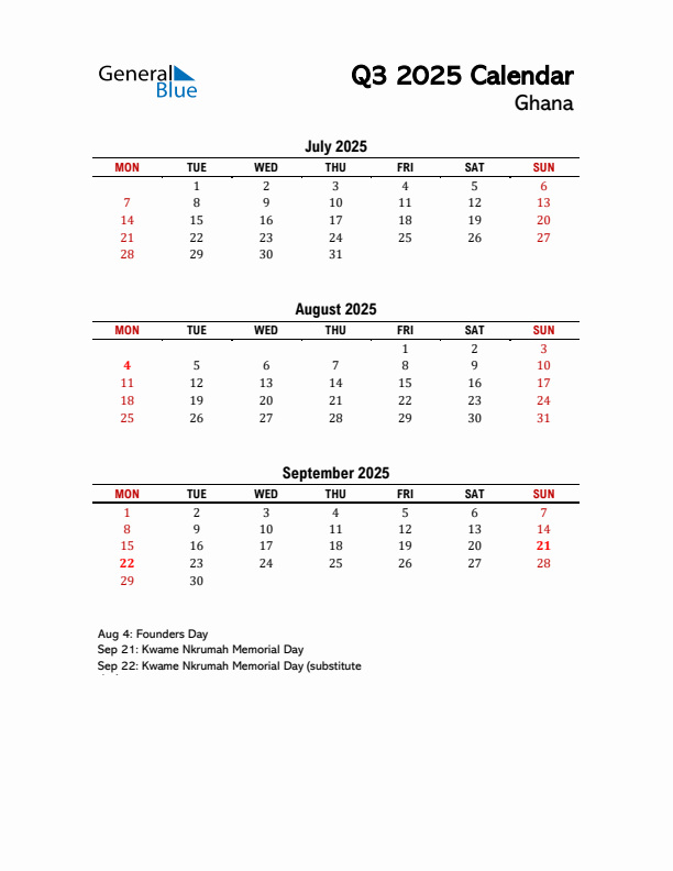 2025 Q3 Calendar with Holidays List for Ghana