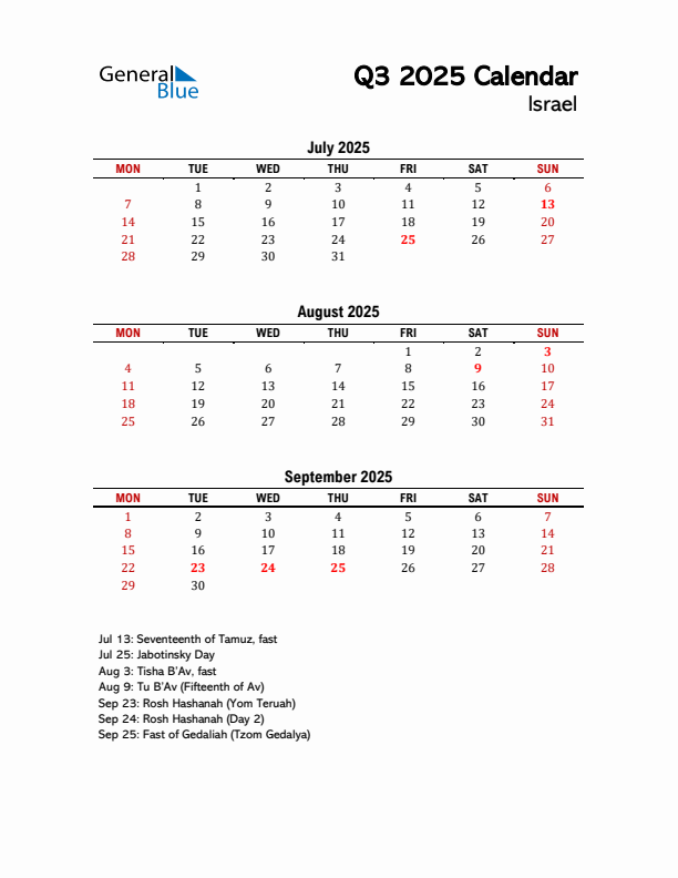 2025 Q3 Calendar with Holidays List for Israel