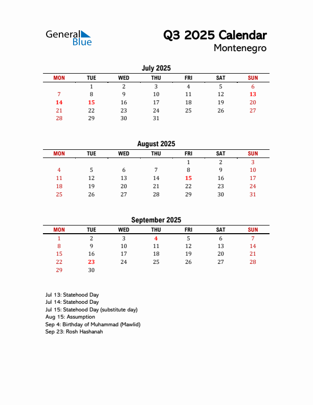 2025 Q3 Calendar with Holidays List for Montenegro
