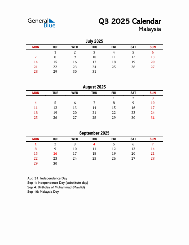 2025 Q3 Calendar with Holidays List for Malaysia