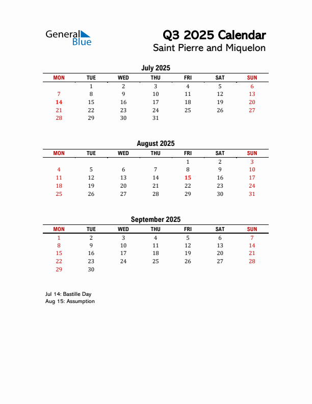 2025 Q3 Calendar with Holidays List for Saint Pierre and Miquelon