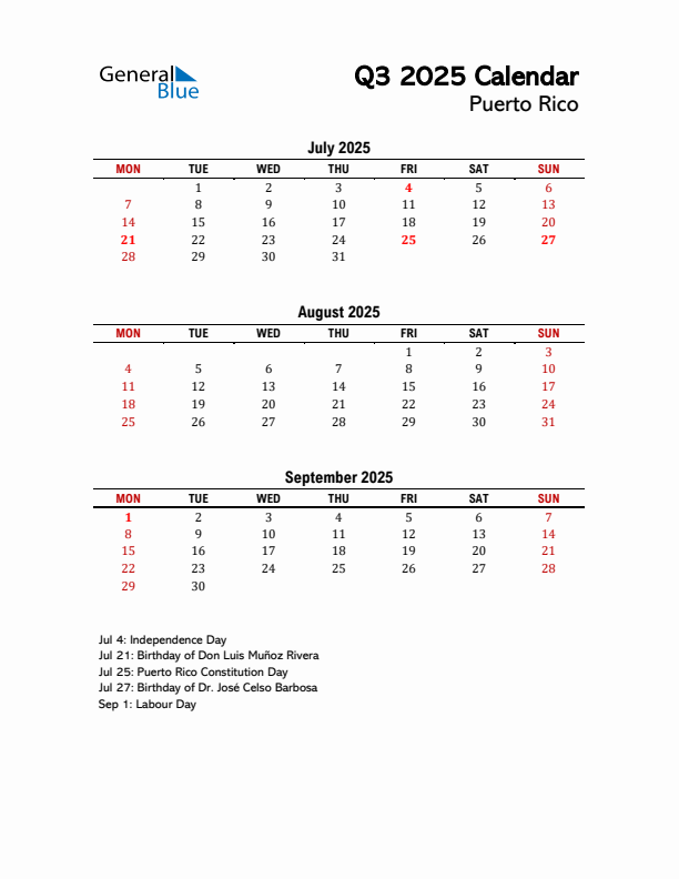 2025 Q3 Calendar with Holidays List for Puerto Rico